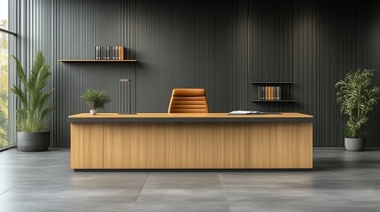 Modern Office Desk with Leather Chair and Plants