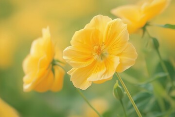 Fototapeta premium Delicate Yellow Flowers in Soft Sunlight A Serene Floral Scene