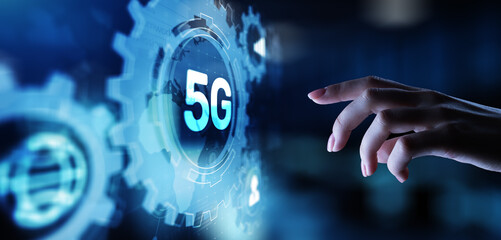 5G Fifth generation of mobile internet. Fast connection. Telecommunication concept on virtual screen.