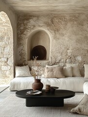 Fototapeta premium Elegant black coffee table near stylish sofa in stone and stucco living room high fidelity interior design cozy and modern ambiance