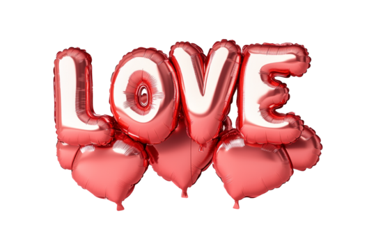 Shiny red foil balloon letters forming the word LOVE isolated on white transparent background. Romantic celebration and Valentine's Day concept