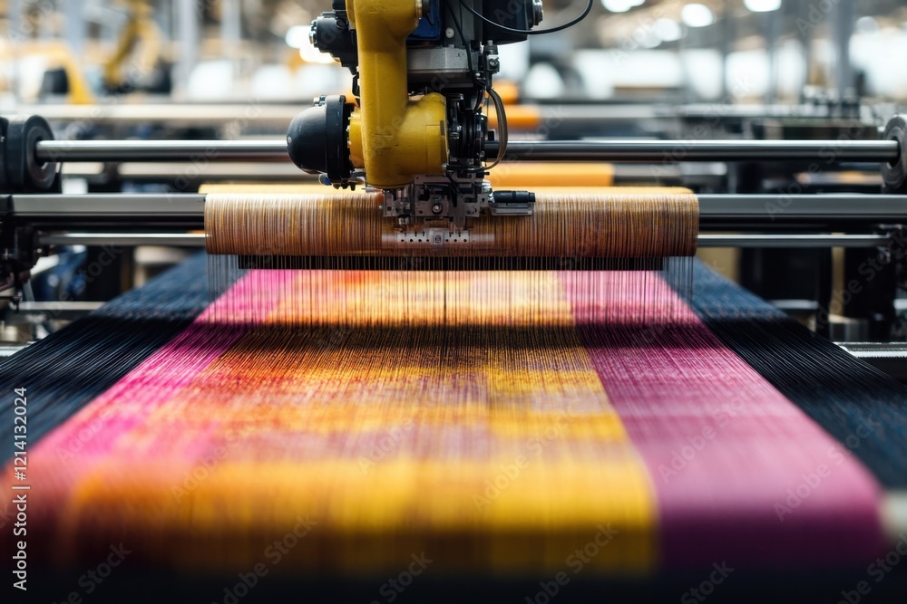 Poster advanced textile manufacturing process in a factory setting showcasing vibrant color patterns