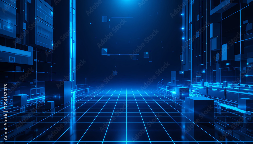Poster a vibrant digital landscape features glowing blue grids and abstract geometric shapes. the scene con