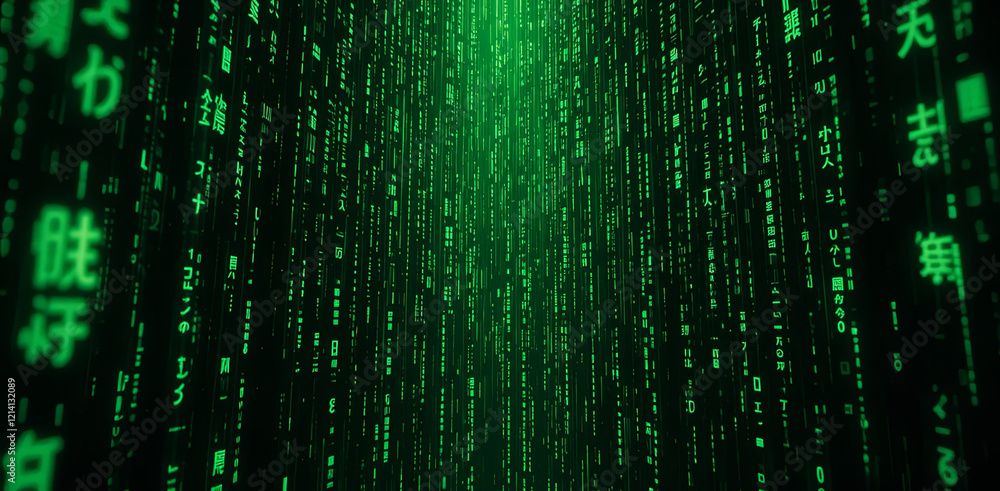 Poster streams of glowing green characters cascade vertically, creating a mesmerizing digital pattern that 
