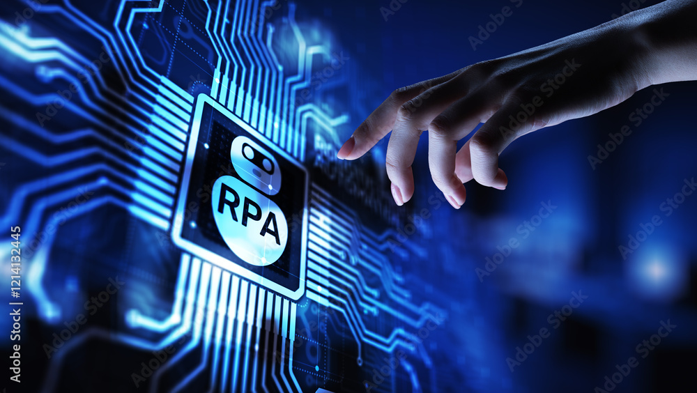 Poster rpa robotic process automation innovation technology concept on virtual screen.