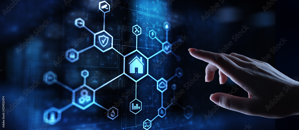 Poster smart home control panel on virtual screen. iot and automation technology concept.
