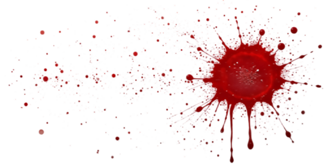 "realistic blood splatter isolated on white and clear backdrop"
