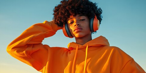 A stylish young person in a vibrant orange hoodie listens to music with matching orange headphones, illuminated by warm sunlight against a clear blue sky, capturing a chill, modern vibe