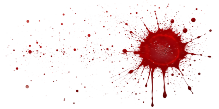 "realistic blood splatter isolated on white and clear backdrop"
