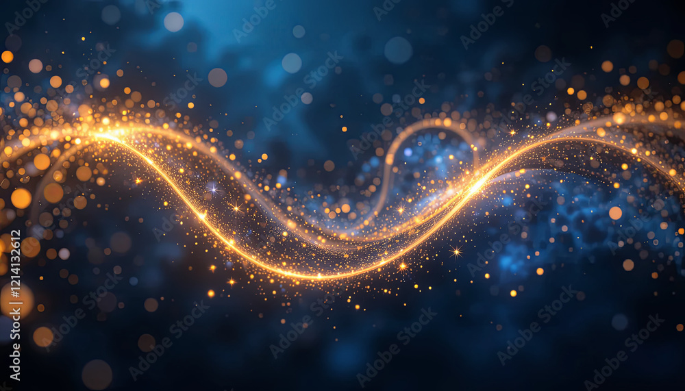 Poster golden sparks flow gracefully in a wave-like pattern against a deep blue backdrop, creating a captiv