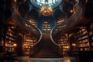 Fototapeta premium A beautifully designed library with a spiral staircase and organized books