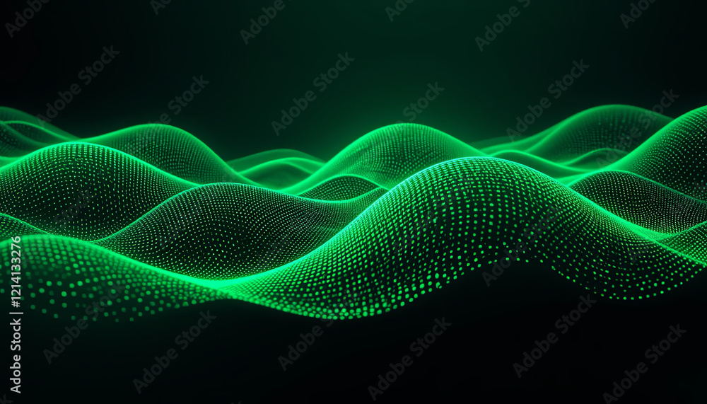 Poster a series of undulating waveforms displayed in vibrant green tones, showcasing intricate patterns and