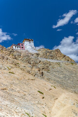View of Leh Mountain Range in the morning sunrise spot at Tsemo Maitreya Temple Buddha, ancient manuscripts, and frescoes in Leh, Ladakh, in India.