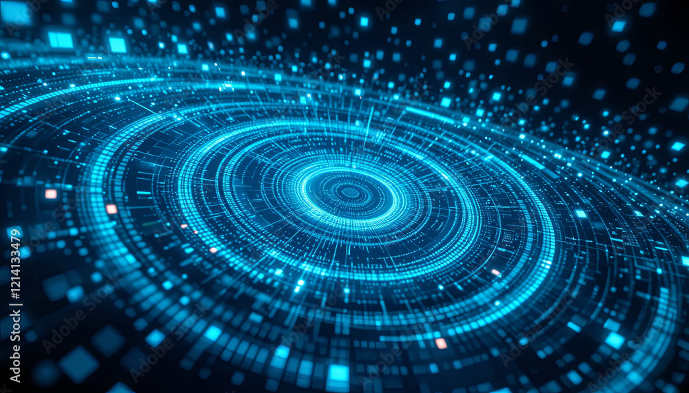 Poster vibrant blue and black swirling patterns illustrate an abstract concept of data flow and digital com