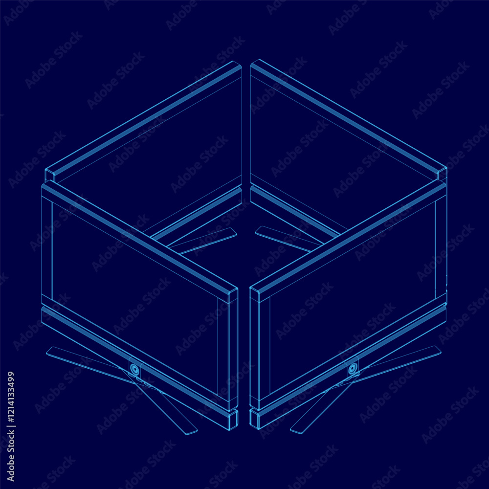 Poster blue drawing of a box with four flat screen televisions inside. the box is made of monitors and has 