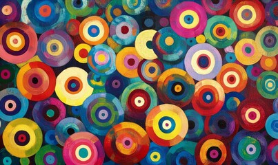 Fototapeta premium Colorful concentric circles fill the textured painting surface.