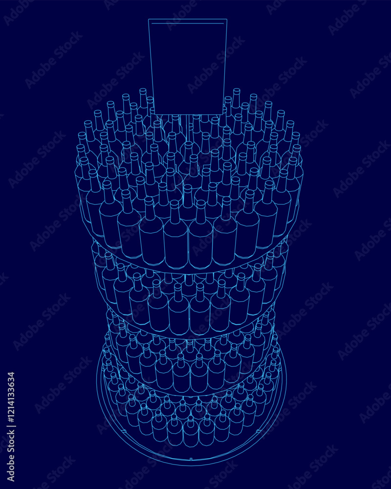 Poster blue image of a stack of wine bottles. the image is a 3d rendering of a wine rack with many bottles.