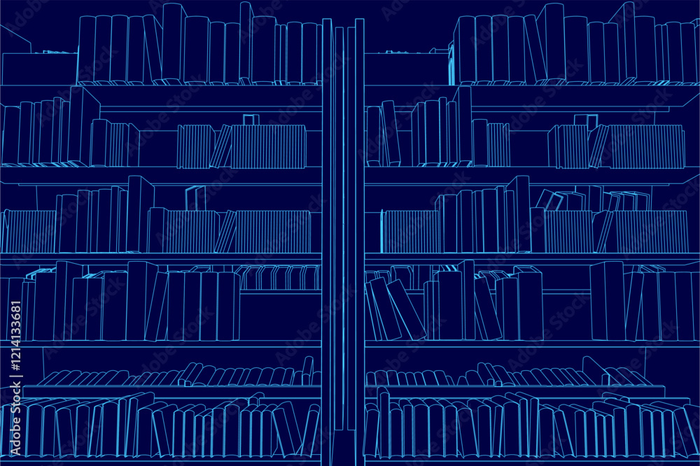 Poster the image is of a library with shelves full of books. the books are arranged in rows and are of vari