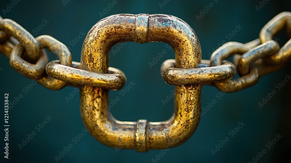 Poster close up view of a golden chain with a dark blue background focusing on a single link