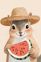 Portrait of a cute squirrel in straw hat, eating watermelon. Good for nursery decorations, greeting cards. Ai generated