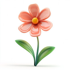 Naklejka premium 3D cartoon flower with pink petals and green leaves