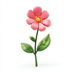 3D cartoon flower with pink petals and green leaves
