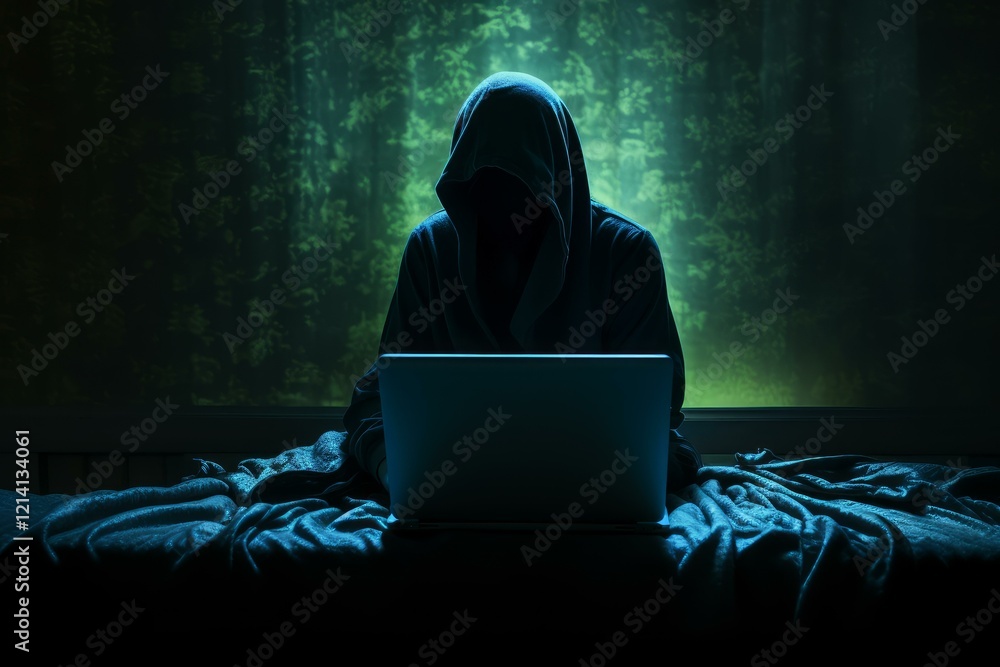 Poster hacker using laptop in dark room with forest projected on wall, concept of cybercrime, hacking and o