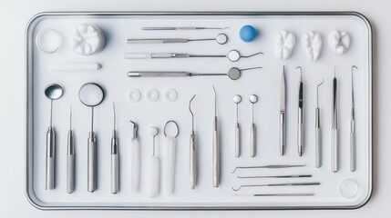 A tray of dental equipment with precise arrangement on a white background