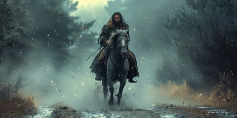 A lone rider galloping through a snowy forest.