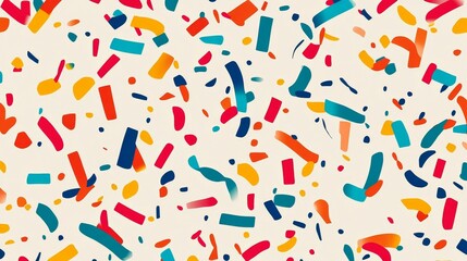Colorful, scattered, confetti-like shapes on off-white background.