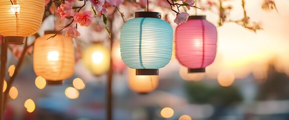 Paper lanterns with cherry blossoms and bokeh lights, horizontal, perfect for Asian festivals, spring celebrations, wedding decor and romantic events