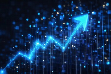 abstract digital network visualization with glowing blue light paths forming upward arrow against dark grid background