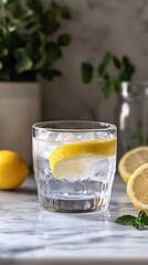 Fototapeta premium Refreshing glass of water with lemon slice and ice on marble surface with green plants in background