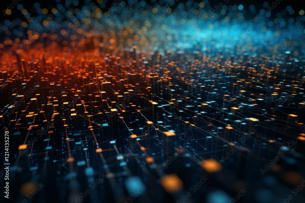Poster Futuristic data network connecting glowing cubes with lines and particles creating an abstract technology background