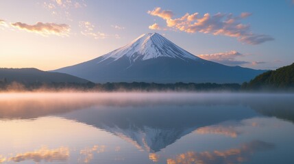 Fototapeta premium Majestic Snow-Capped Mountain Reflecting in Tranquil Water at Sunrise with Soft Clouds in the Sky and Peaceful Atmosphere