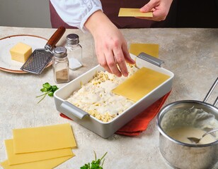 Step by step preparation of lasagna with mushrooms and chicken on a light concrete background. Laying out dry lasagna sheets on the sauce. Step by step recipes.