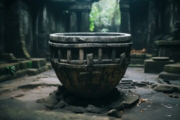 Fototapeta premium Carved stone vessel stands amidst decaying temple ruins, showcasing ancient craftsmanship and the passage of time