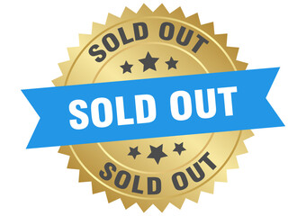 sold out. sold out round blue and gold label isolated on transparent background