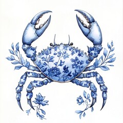Intricate Blue Floral Crab Illustration with Detailed Botanical Patterns in the Toile De Jouy style