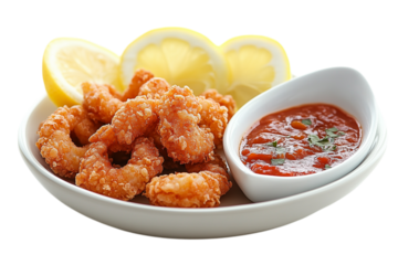 Crispy Fried Shrimp with Zesty Red Sauce and Lemon isolated on a transparent background