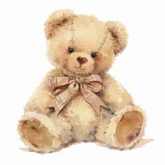Adorable Teddy Bear: A charming watercolor illustration of a teddy bear, sitting with a delicate bow, evokes feelings of warmth, comfort, and nostalgia.