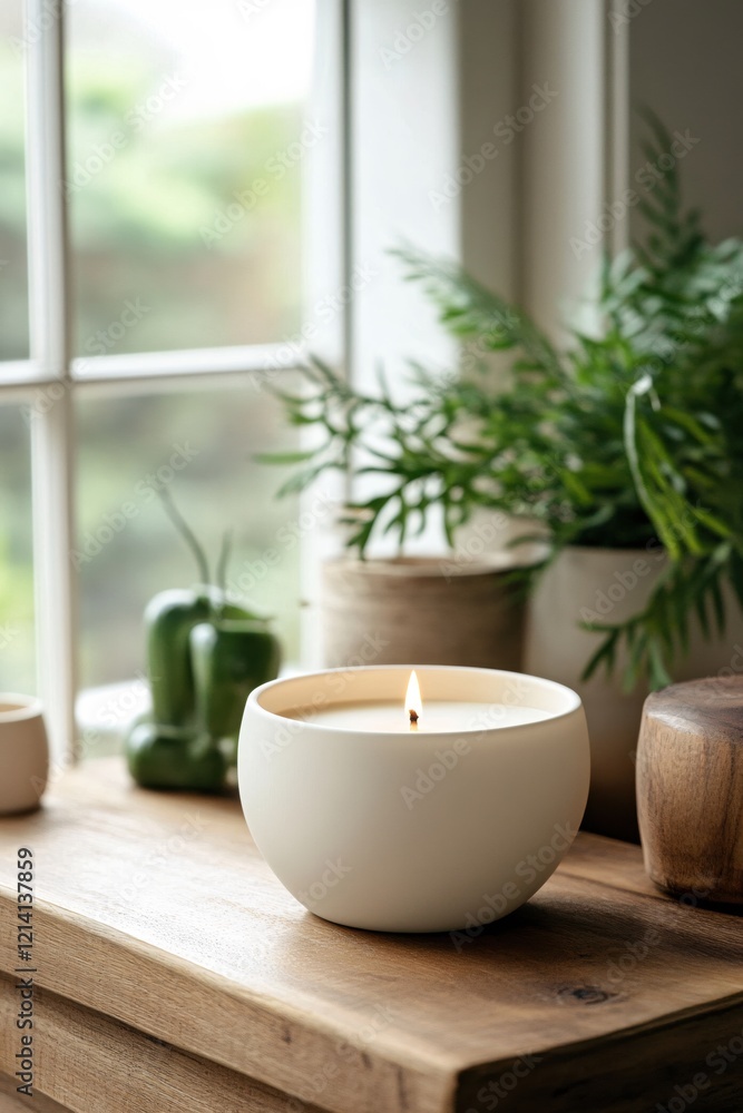 Poster lit candle on wooden surface with green plants and blurred window background creating soft mood