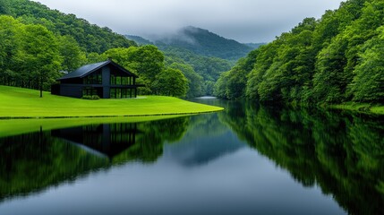 Fototapeta premium Modern house by tranquil lake, mountain backdrop, serene landscape, ideal for real estate