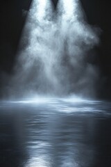 Fototapeta premium Stage light beams illuminating smoke over dark reflective floor creating dramatic atmosphere