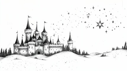 Fototapeta premium Line drawing of a castle under many stars.