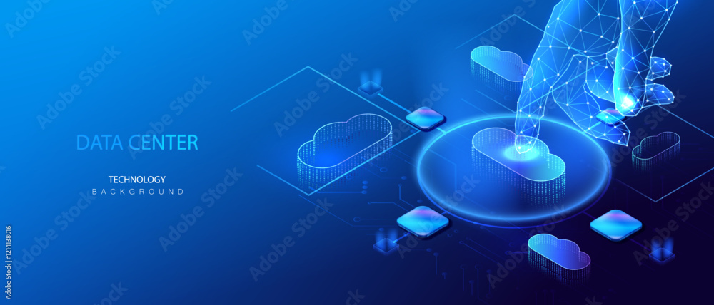 Poster cloud storage data transmission in isometric background. downloading cloud application. ai hand on f
