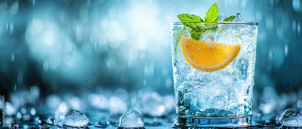 Poster refreshing sparkling drink with lemon and mint on ice with a cool blue bokeh background