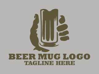 Stylish beer mug with foam image of a glass of beer hand holding beer glass and beer cup Beer mug vector illustration, beer glass logo, bar and restaurant