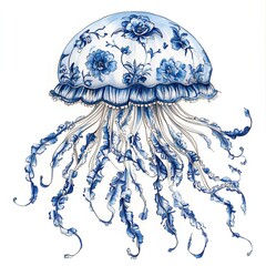 Elegant Blue Floral Jellyfish with Intricate Porcelain Patterns in the Toile De Jouy style