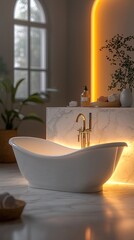 Serene and Luxurious Bathroom Interior with Freestanding Bathtub and Warm Lighting